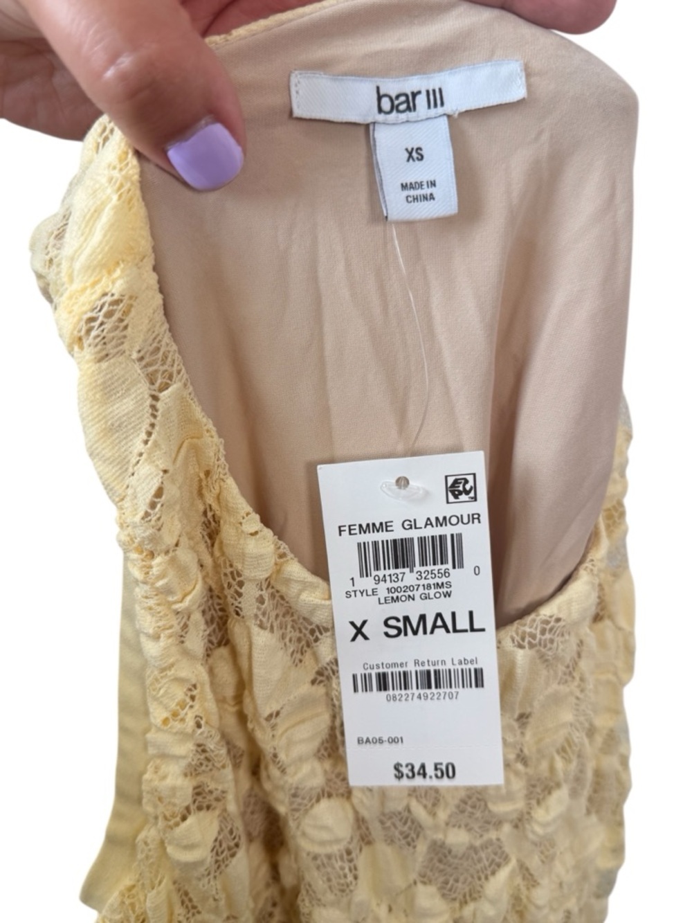 Bar III, Yellow Lace Sleeveless Bodysuit Floral Size XS NWT - Picture 6 of 7